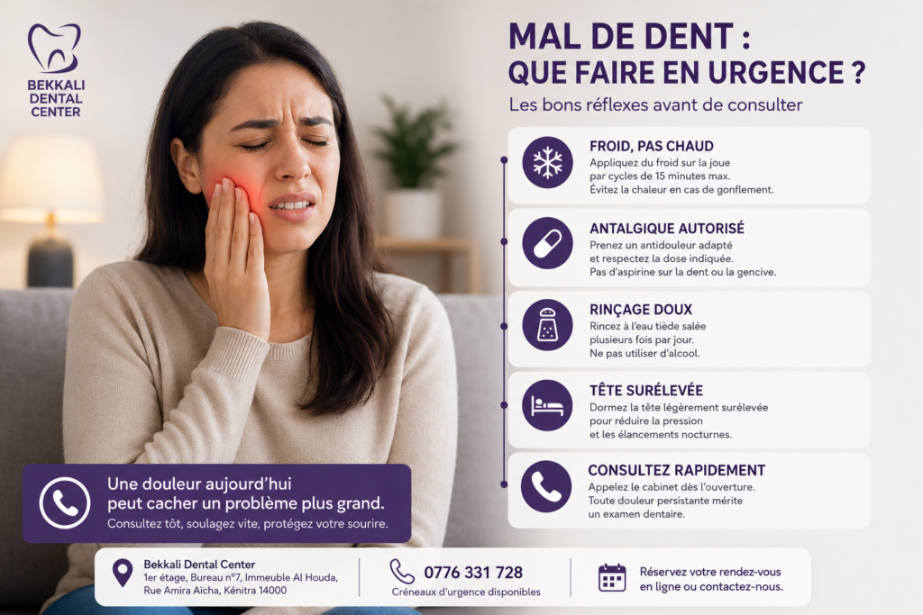 Infographie présentant les bons gestes en cas de mal de dent : appliquer du froid, prendre un antalgique adapté, rincer à l’eau salée, dormir la tête surélevée et consulter rapidement.