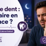 Homme souffrant d’un mal de dent la nuit, avec les conseils d’urgence du Bekkali Dental Center à Kénitra.