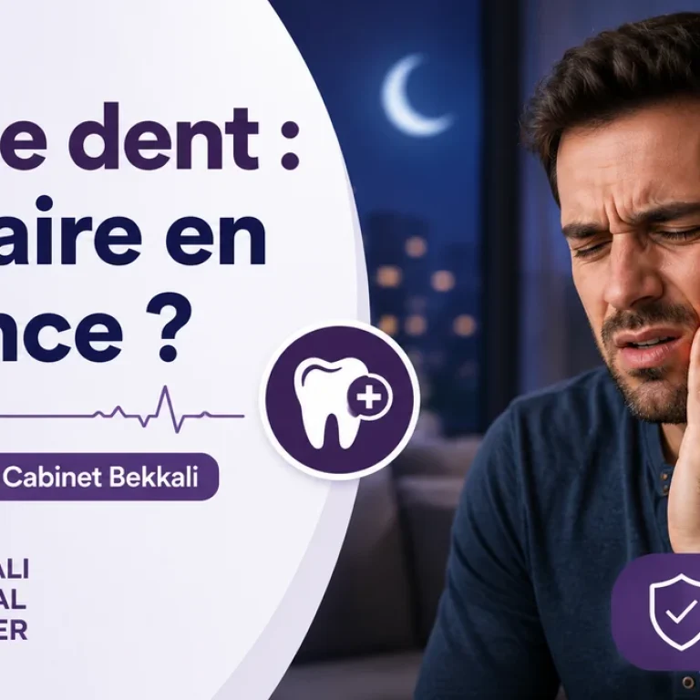 Homme souffrant d’un mal de dent la nuit, avec les conseils d’urgence du Bekkali Dental Center à Kénitra.